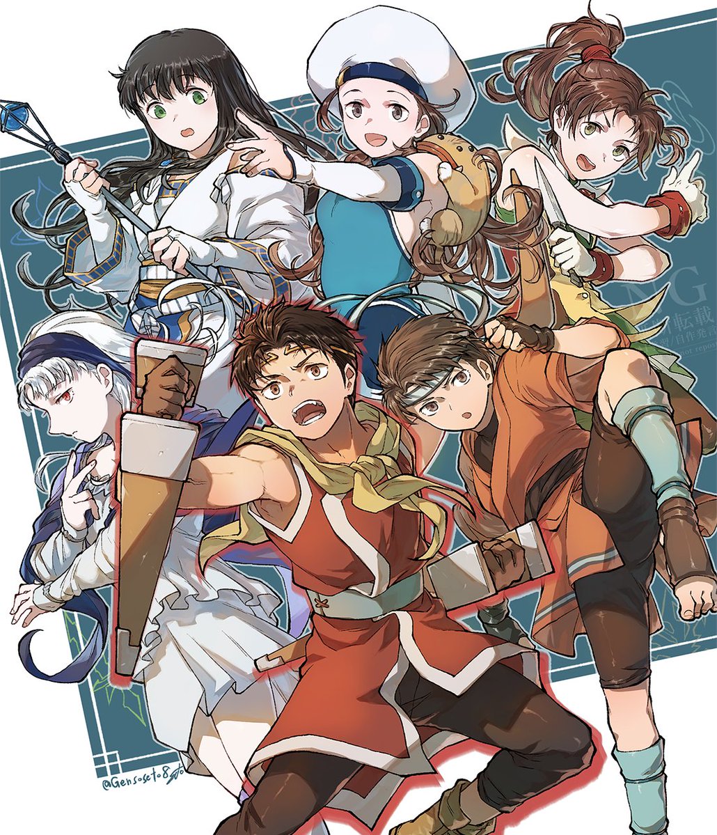 1boy, 5girls, bonaparte_(suikoden), gensoseto8, gensou_suikoden, gensou_suikoden_ii, hat, headband, holding, holding_weapon, long_hair, meg_(suikoden), millie_(suikoden), multiple_girls, pale_skin, riou_(suikoden), short_hair, sierra_mikain, smile, vampire, viki_(suikoden), wakaba_(suikoden), weapon