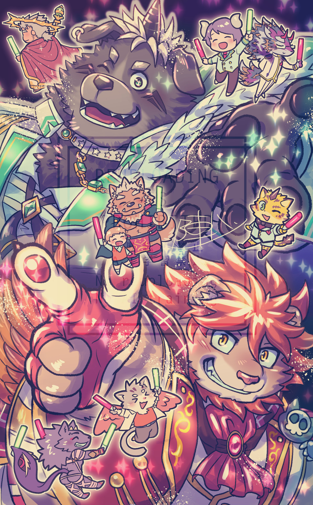 6+boys, astaroth_(housamo), bathym_(housamo), brooch, commentary_request, copyright_request, demon_horns, fingerless_gloves