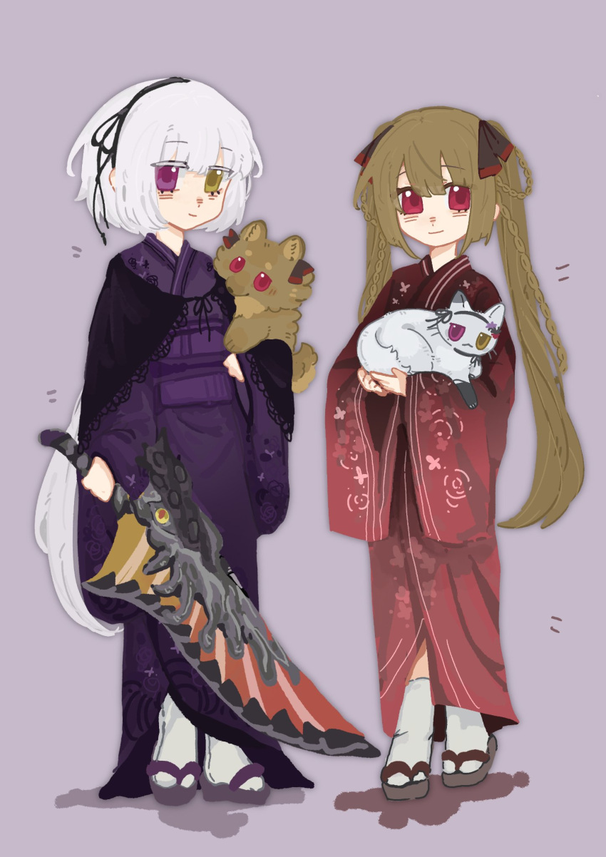 2girls, animal, animalization, arm_at_side, assault_lily, black_capelet, black_hairband, black_ribbon