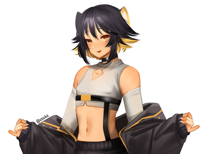 1girl, animal_ears, bare_shoulders, belt, black_choker, black_shorts, breasts, choker