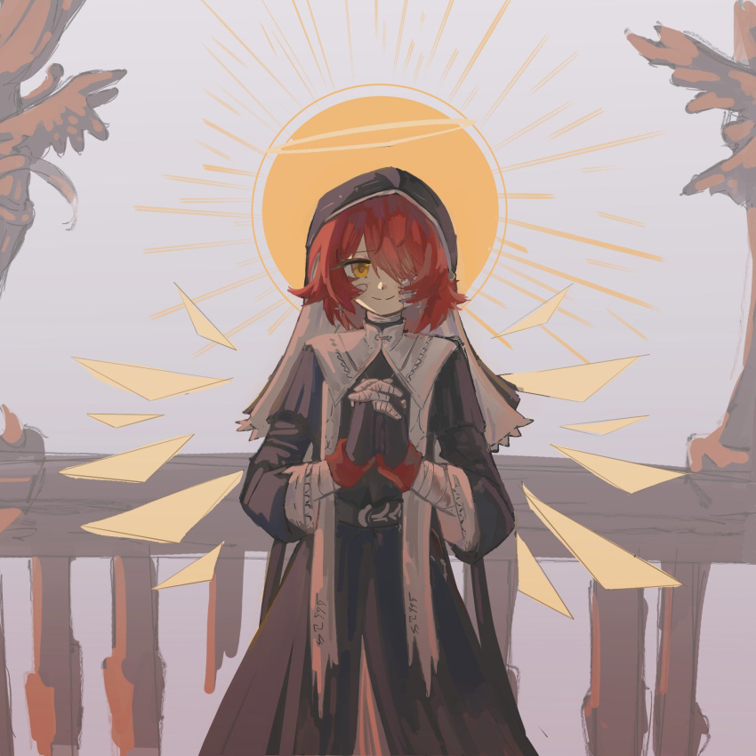 1girl, applpai_4siai, arknights, bandage_on_face, bandages, belt, black_belt, black_dress, black_gloves, closed_mouth, cowboy_shot, cross, cross_earrings, detached_wings, dress, earrings, energy_wings, english_commentary, exusiai_(arknights), exusiai_(nun)_(arknights), fingerless_gloves, gloves, hair_over_one_eye, halo, highres, jewelry, long_sleeves, looking_at_viewer, medium_hair, nun, official_alternate_costume, outdoors, red_hair, smile, solo, sun, traditional_halo, wings, yellow_halo