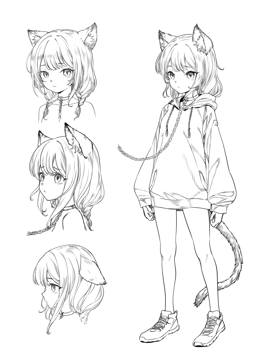 1girl, absurdres, animal_ears, braid, cat_ears, cat_girl, cat_tail, chain