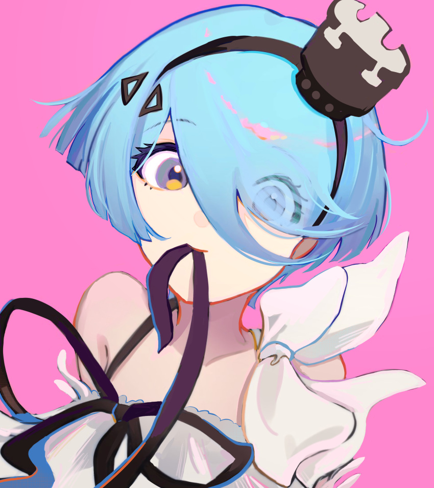 1girl, absurdres, black_ribbon, blue_eyes, blue_hair, clothes_in_mouth, collarbone, commission