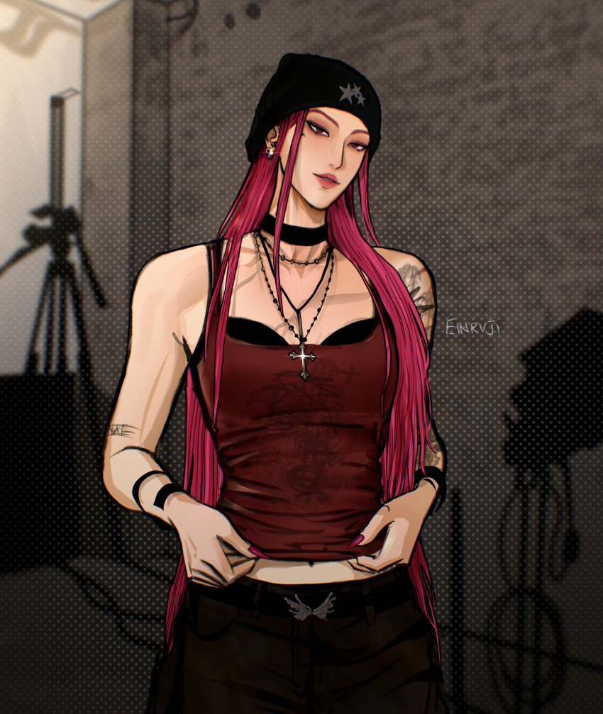 1girl, absurdres, arm_tattoo, artist_name, black_choker, camisole, choker, closed_mouth