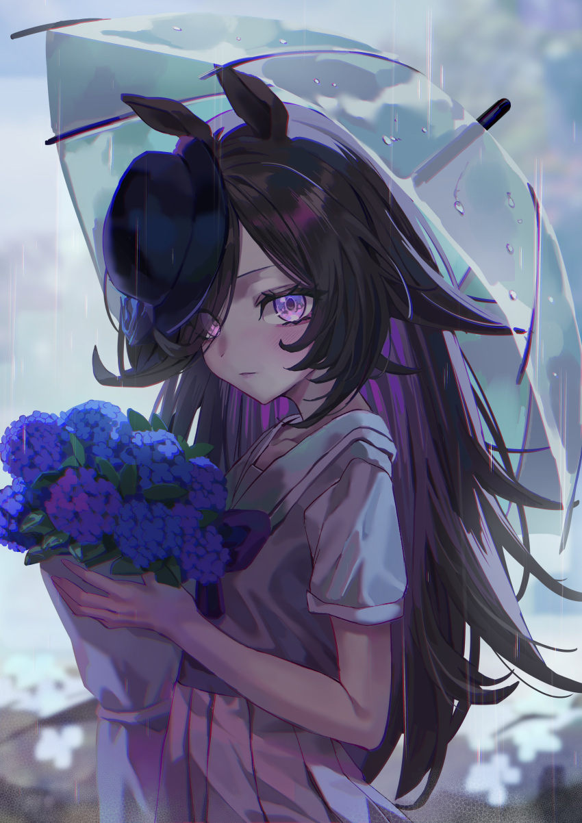 1girl, absurdres, animal_ears, black_hat, blue_flower, blue_rose, blue_shirt, bouquet