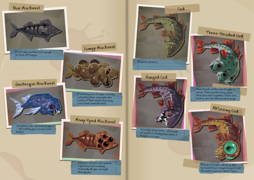 absurdres, animal_focus, book, cod, dredge_(video_game), english_text, fantasy, fish
