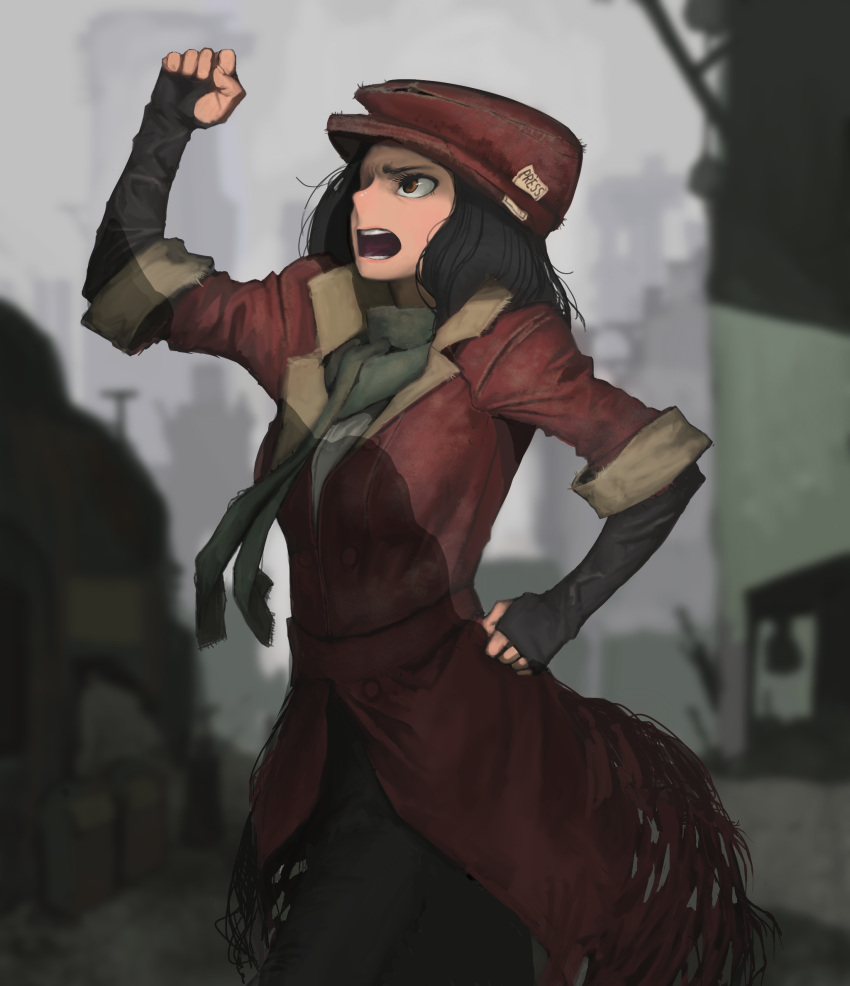 1girl, arm_up, black_gloves, black_hair, black_pants, breasts, brown_eyes, buttons