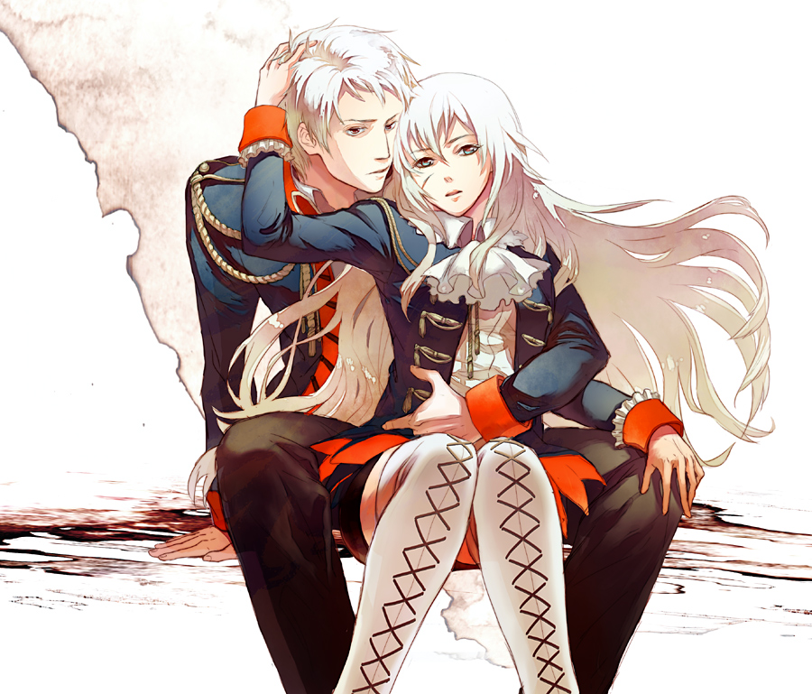 1girl, aiguillette, albino, axis_powers_hetalia, boots, couple, cravat, dual_persona