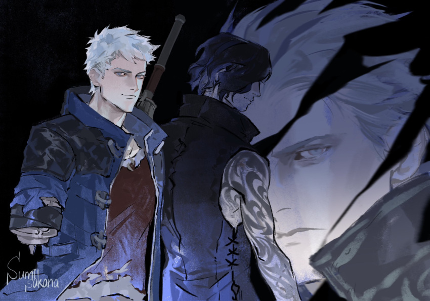 3boys, amputee, arm_tattoo, bare_shoulders, black_background, black_coat, black_hair, blue_coat