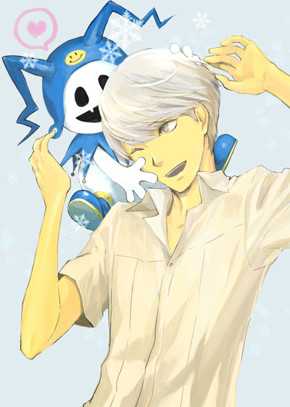 grey_hair, hat, ito_(pixiv), jack_frost, narukami_yuu, persona, persona_4, seta_souji, shin_megami_tensei, smile