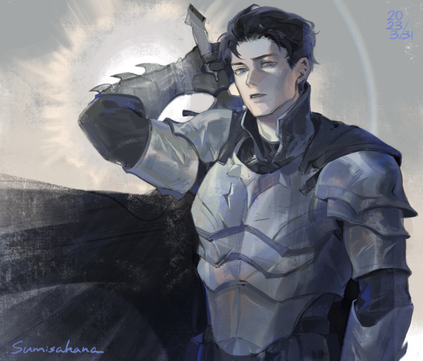 1boy, alternate_costume, arm_up, armor, batman, batman_(series), black_cape, black_hair