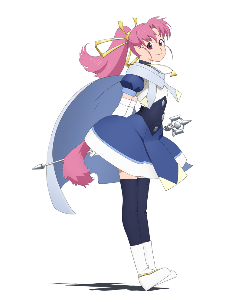 black_legwear, boots, cape, dress, gloves, hair_ribbon, jewelry, long_hair, millie_chliette, necklace, official_art, pink_eyes, pink_hair, pointy_ears, ponytail, ribbon, smile, solo, star_ocean, star_ocean_first_departure, tail, thigh-highs, thighhighs, wand, white_gloves