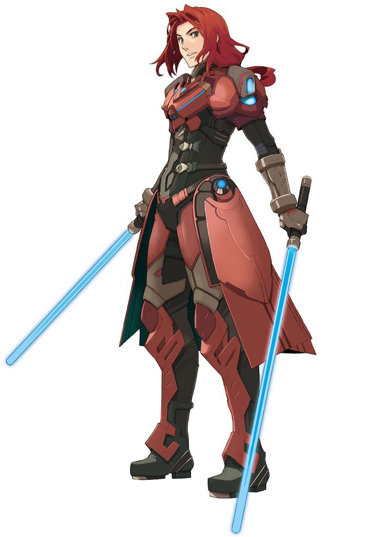 armor, bodysuit, boots, brown_eyes, crowe_f._almedio, dual_wielding, enami_katsumi, energy_sword, gloves, lightsaber, long_hair, male, official_art, ponytail, red_hair, redhead, solo, star_ocean, star_ocean_the_last_hope, sword, weapon