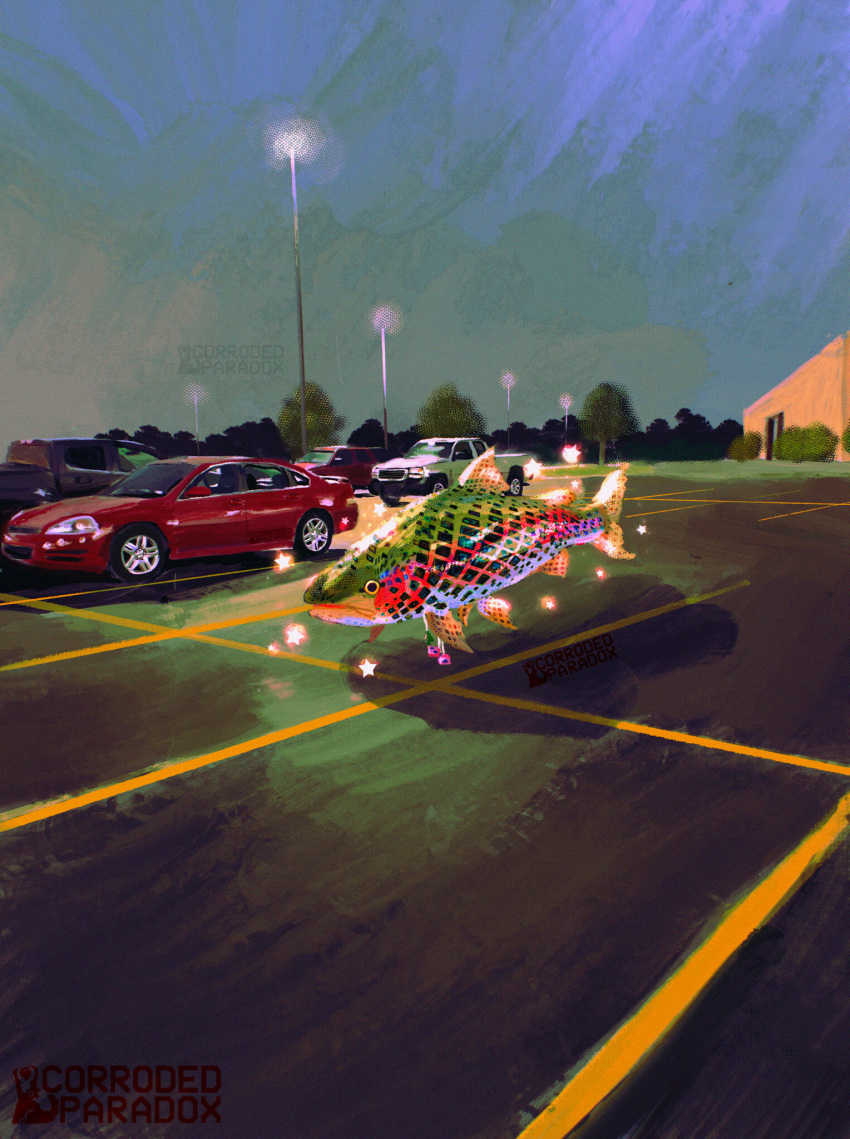 car, commentary, corrodedparadox, english_commentary, fish, fish_request, highres, lamppost