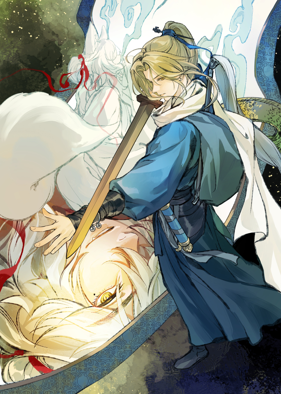 aged_up, alternate_costume, animal_ears, arm_wrap, armlet, bag, black_boots, blonde_hair, blue_hanfu, blue_ribbon, blue_robe, boots, chinese_clothes, chinese_commentary, closed_mouth, curtained_hair, cyotsy, fighting_stance, fox_boy, fox_ears, fox_tail, full_body, fuzi, hair_over_one_eye, hair_ribbon, hanfu, hanging_scroll, hat, high_ponytail, highres, holding, holding_sword, holding_weapon, honkai:_star_rail, honkai_(series), jewelry, jing_yuan, kemonomimi_mode, long_hair, long_sleeves, looking_at_viewer, male_focus, mole, mole_under_eye, multiple_views, one_eye_covered, outstretched_arm, parted_bangs, parted_lips, ponytail, portrait, profile, red_ribbon, ribbon, robe, scarf, scroll, sideways_glance, smile, smoke, standing, straw_hat, sword, tail, unworn_hat, unworn_headwear, upside-down, weapon, white_hair, white_robe, white_scarf, xiao_guan_(headdress), yanqing_(honkai:_star_rail), yellow_eyes
