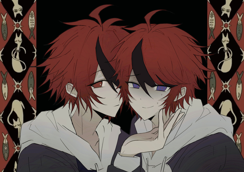 2boys, absurdres, ahoge, black_hair, black_jacket, blue_eyes, chinese_commentary, closed_mouth