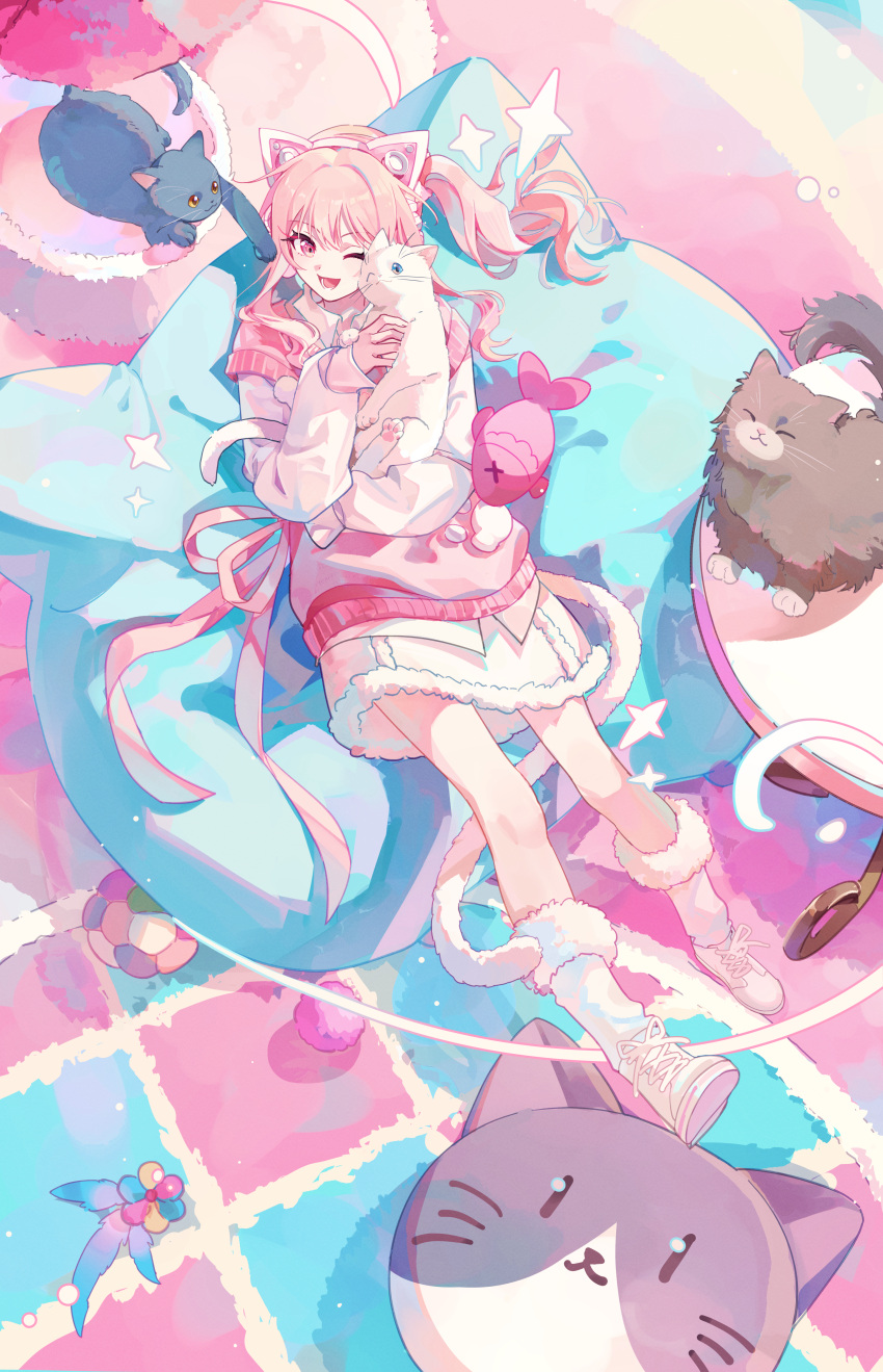 1other, absurdres, akiyama_mizuki, animal, animal_ear_headphones, animal_ears, black_cat, blue_eyes
