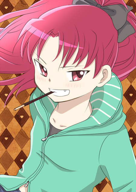 angry, bad_id, blush, bow, fang, flower, grin, hair_bow