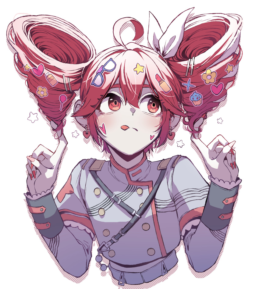 1girl, :q, absurdres, ahoge, buttons, closed_mouth, commentary, cropped_torso