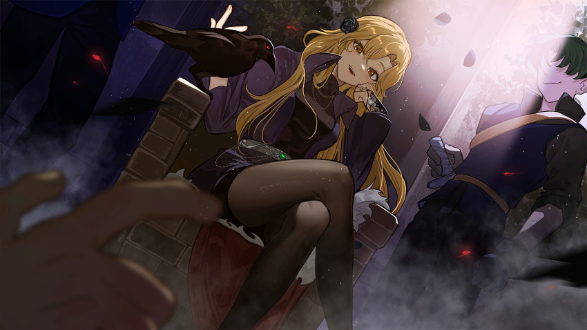 1boy, 1girl, 2others, bird, black_flower, black_rose, blonde_hair, brown_pantyhose