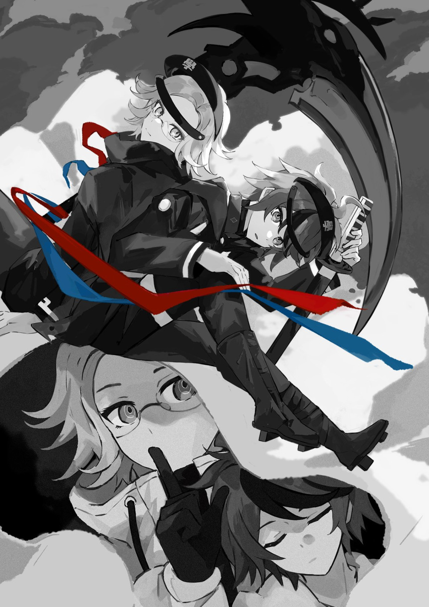 2boys, ahoge, aotsuki_eito, asako_(pixiv_5702576), blue_ribbon, boots, cape, cloak