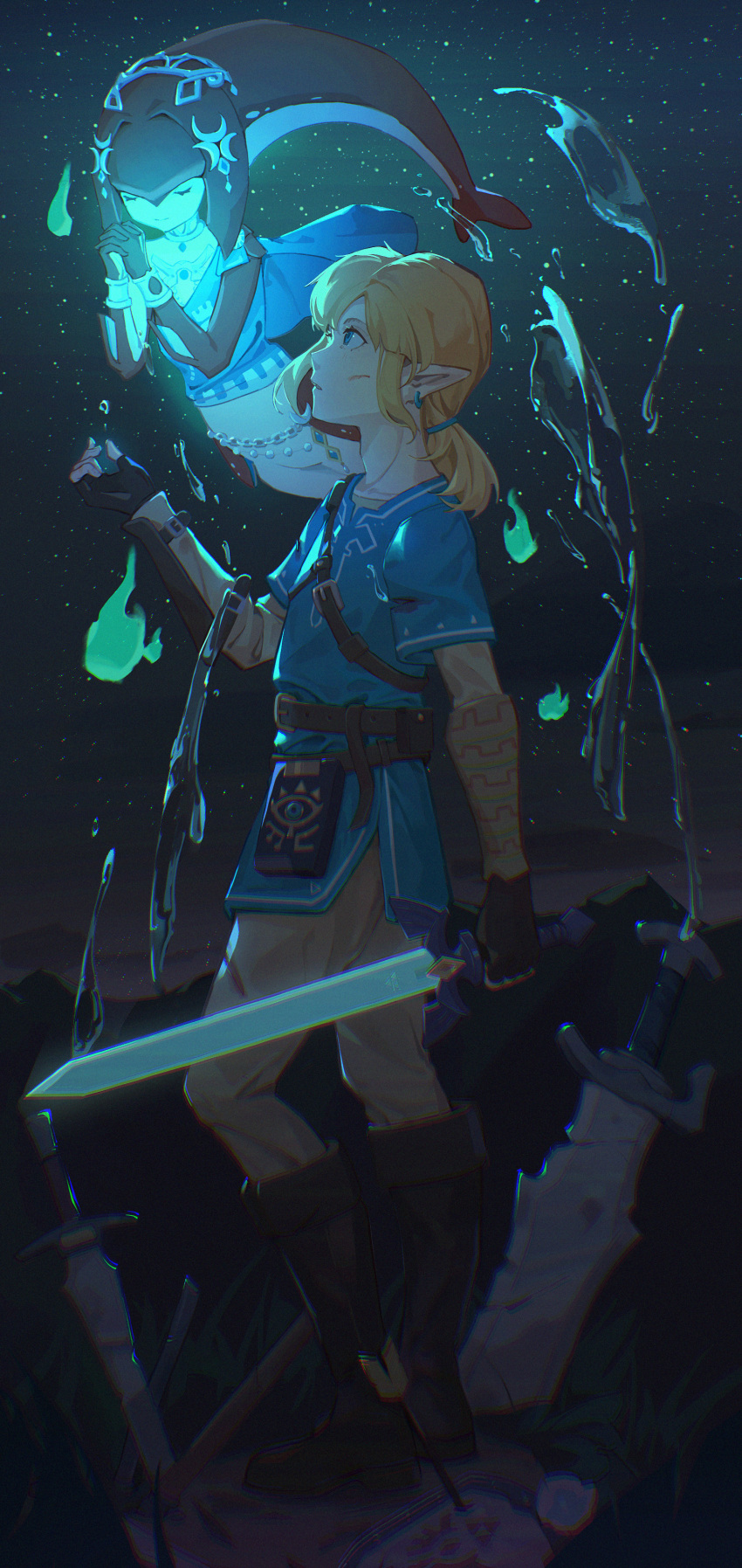 1boy, 1girl, absurdres, after_battle, blonde_hair, blue_tunic, champion's_tunic_(zelda), ghost, highres, holding, holding_sword, holding_weapon, link, magic, master_sword, mipha, night, own_hands_clasped, own_hands_together, pointy_ears, praying, sheikah_slate, sky, standing, star_(sky), starry_sky, sword, the_legend_of_zelda, the_legend_of_zelda:_breath_of_the_wild, tunic, weapon, xinghen_az