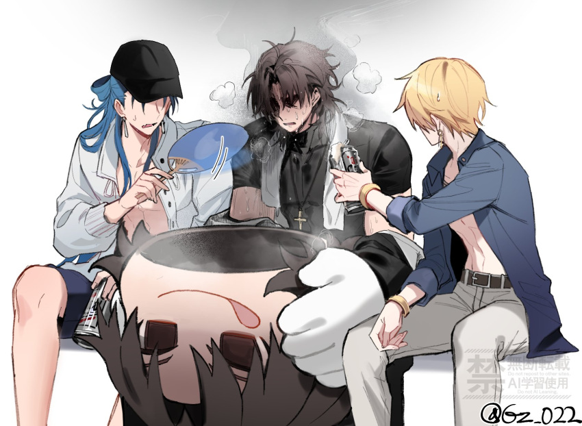 3boys, beer_can, belt, black_shirt, blonde_hair, blue_hair, blue_jacket, bracelet