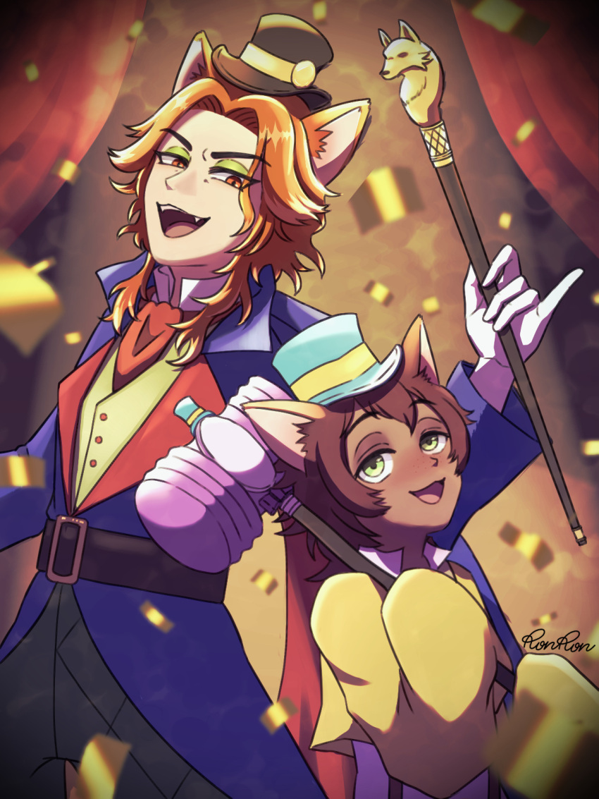 2boys, animal_ears, ascot, belt, blurry, blurry_background, brown_hair, cane, cape, cat_boy, commentary_request, confetti, curtains, ernesto_foulworth, fangs, fellow_honest, fox_boy, fox_ears, gidel_(twisted_wonderland), gino_(twisted_wonderland), green_eyes, hat, highres, holding, holding_cane, holding_toy, multiple_boys, open_mouth, orange_eyes, orange_hair, ro_n_ron, sleeves_past_fingers, sleeves_past_wrists, smile, toy, toy_hammer, twisted_wonderland