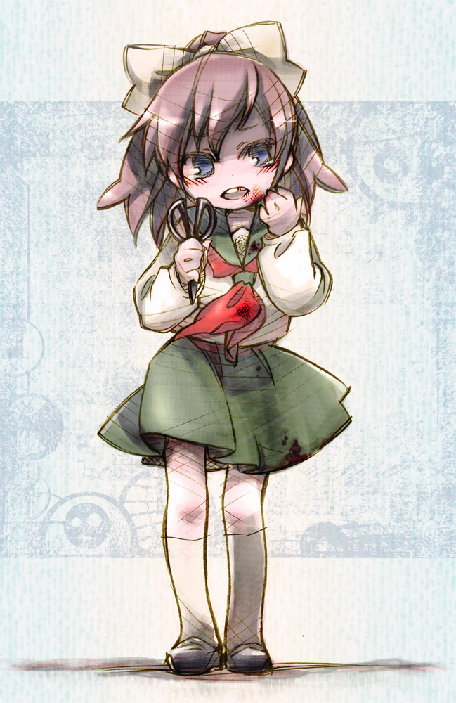 blood, blue_eyes, blush, bow, brown_hair, corpse_party, hair_bow, kirisaki_touko