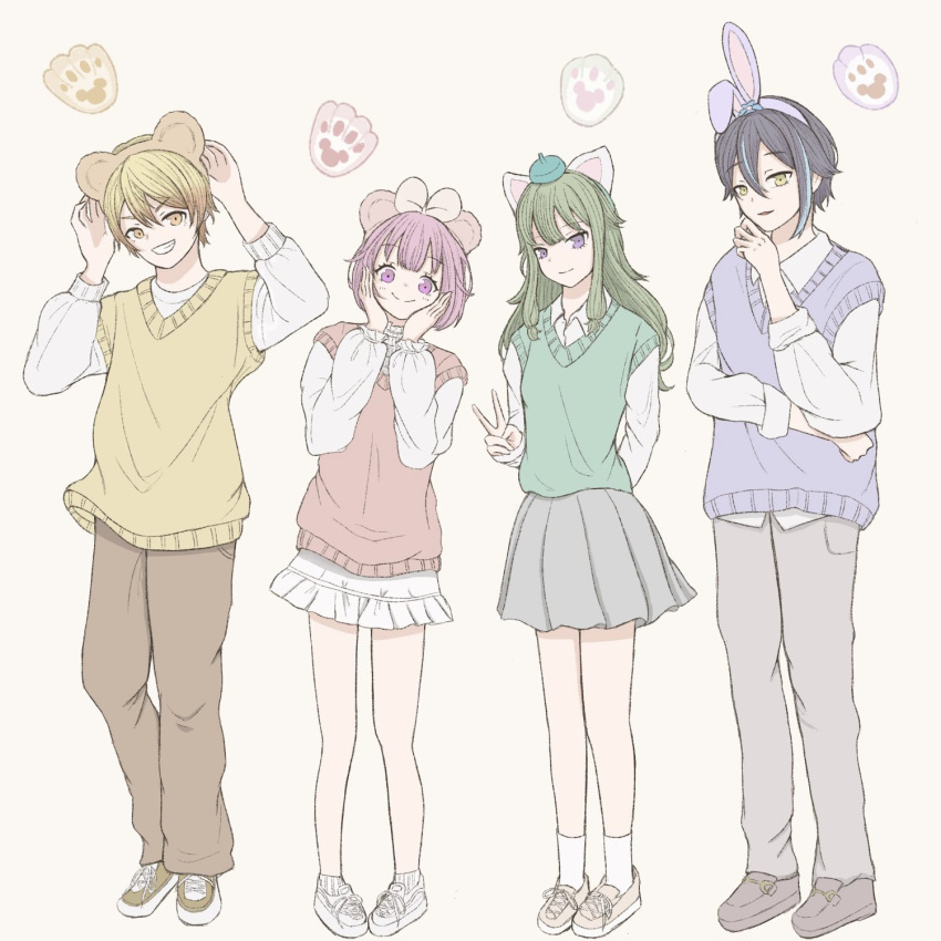 2boys, 2girls, blonde_hair, cosplay, duffy_and_friends, duffy_the_disney_bear, gelatoni, gelatoni_(cosplay), green_hair, hair_ornament, highres, kamishiro_rui, kusanagi_nene, long_hair, multicolored_hair, multiple_boys, multiple_girls, ootori_emu, open_mouth, pink_hair, project_sekai, purple_hair, shelliemay, shelliemay_(cosplay), short_hair, smile, stellalou, stellalou_(cosplay), streaked_hair, takane_prsk, tenma_tsukasa, two-tone_hair, violet_eyes, wonderlands_x_showtime_(project_sekai)