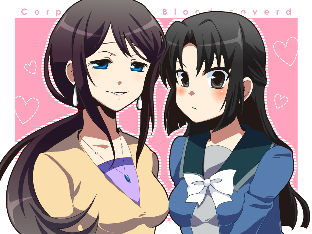 black_eyes, black_hair, blue_eyes, blush, brown_hair, corpse_party, earrings, heart