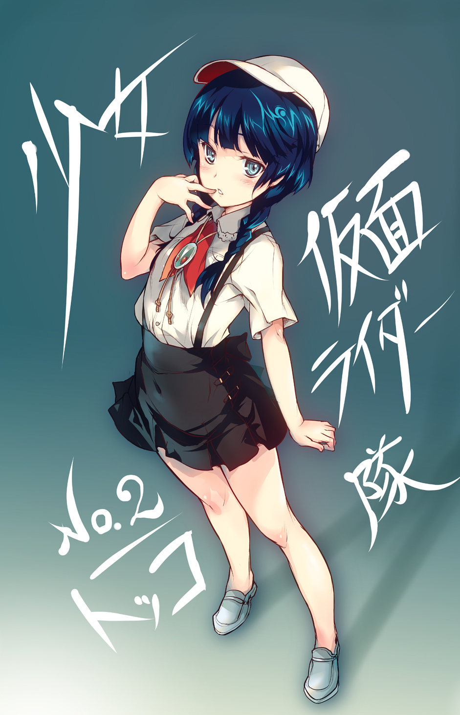 blush, braid, character_request, hat, highres, kamen_rider, loafers, no_socks