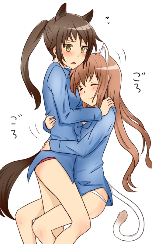 :3, angela_salas_larrazabal, animal_ears, blush, brown_hair, cat_ears, cat_tail, closed_eyes