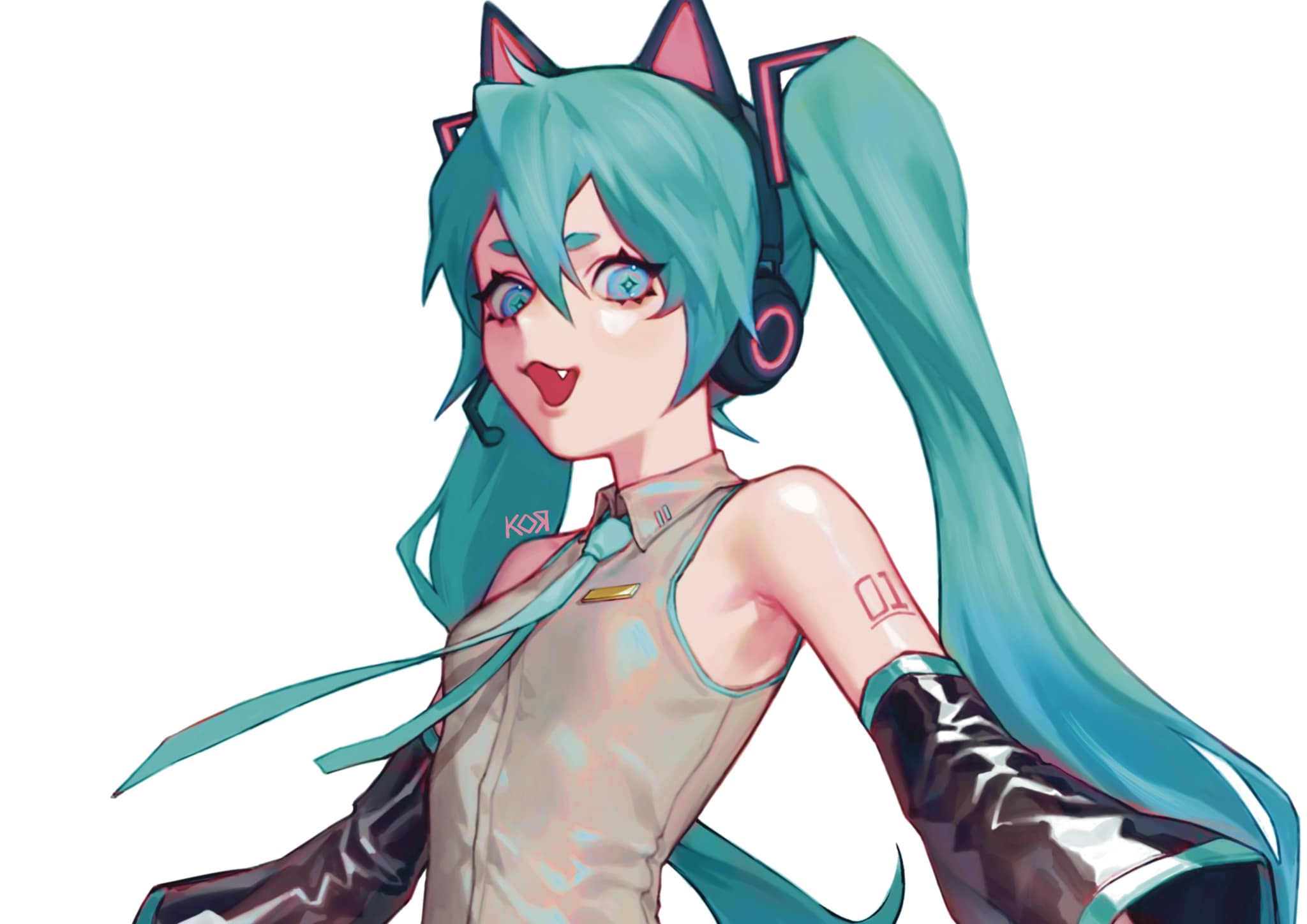 animal_ear_headphones, animal_ears, aqua_eyes, aqua_hair, bare_shoulders, cat_ear_headphones, detached_sleeves, fake_animal_ears, fang, hatsune_miku, headphones, highres, koro_dou, long_hair, open_mouth, simple_background, star-shaped_pupils, star_(symbol), symbol-shaped_pupils, twintails, vocaloid