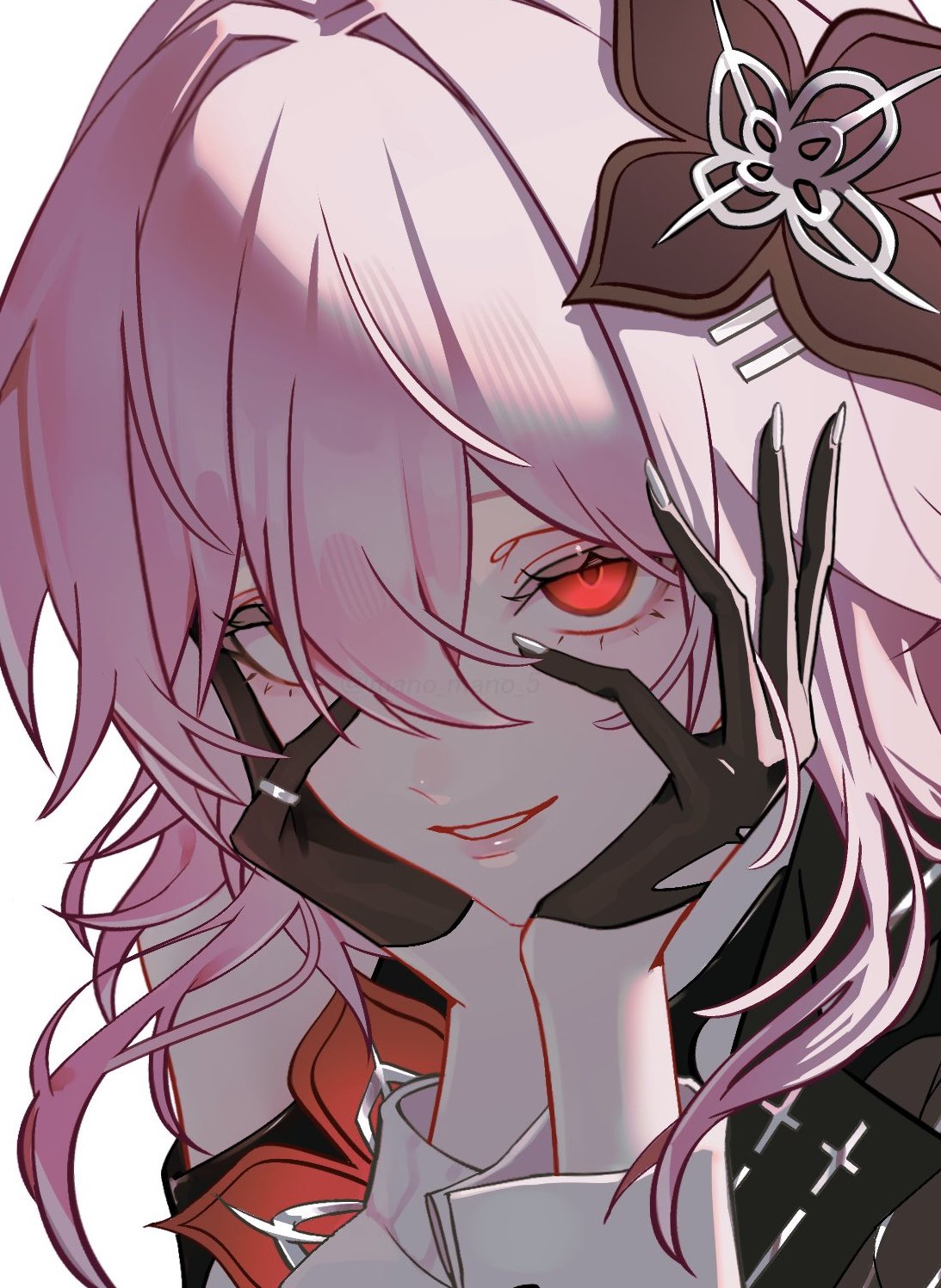 1girl, black_flower, black_gloves, evernight_(honkai:_star_rail), flower, gloves, hair_flower, hair_intakes