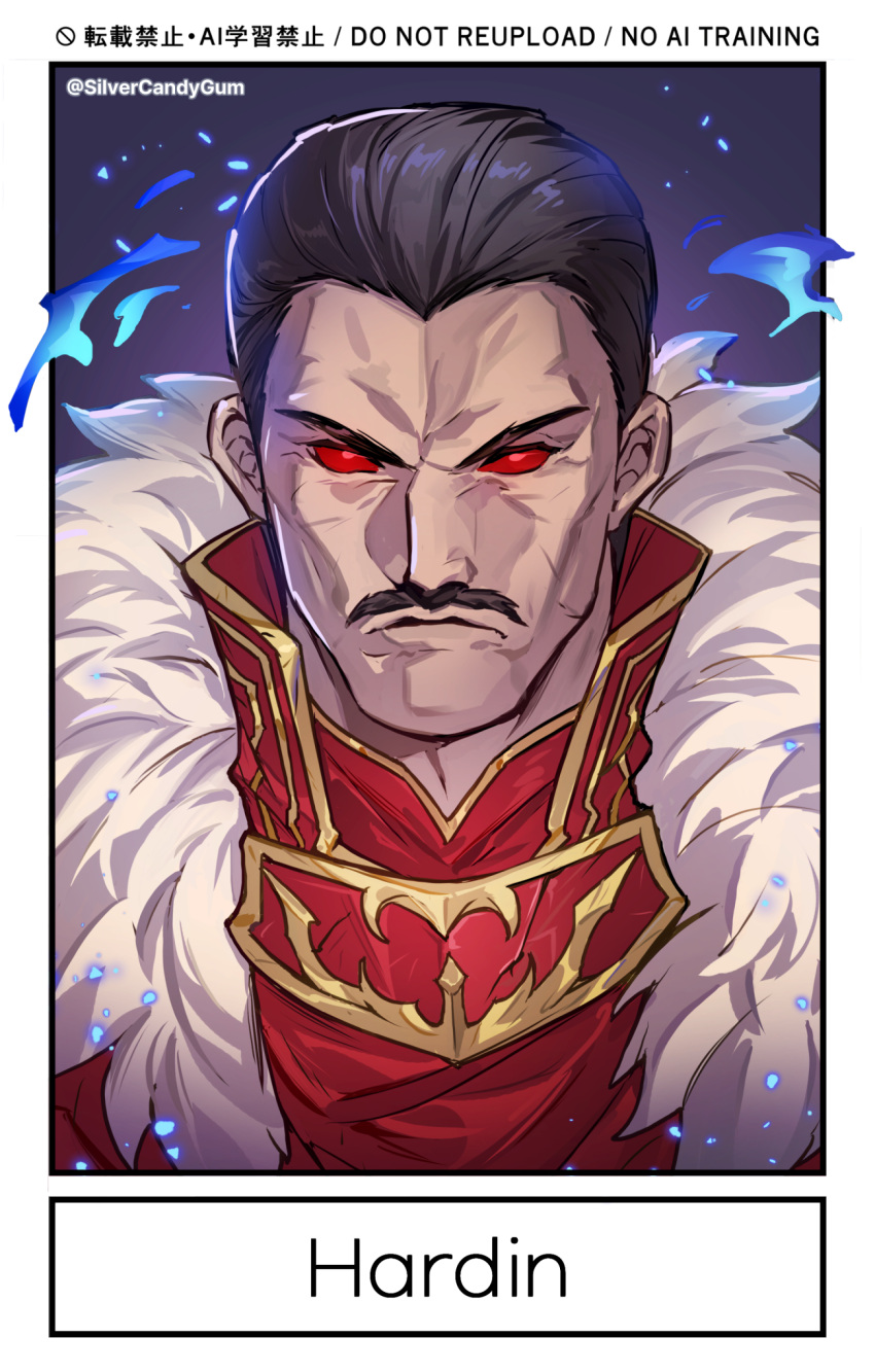 1boy, armor, aura, brown_hair, character_name, dark_aura, facial_hair, fire_emblem