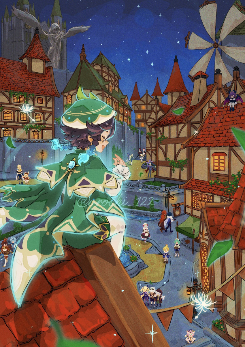 6+boys, 6+girls, albedo_(genshin_impact), amber_(genshin_impact), aqua_hair, artist_name, barbara_(genshin_impact), bennett_(genshin_impact)