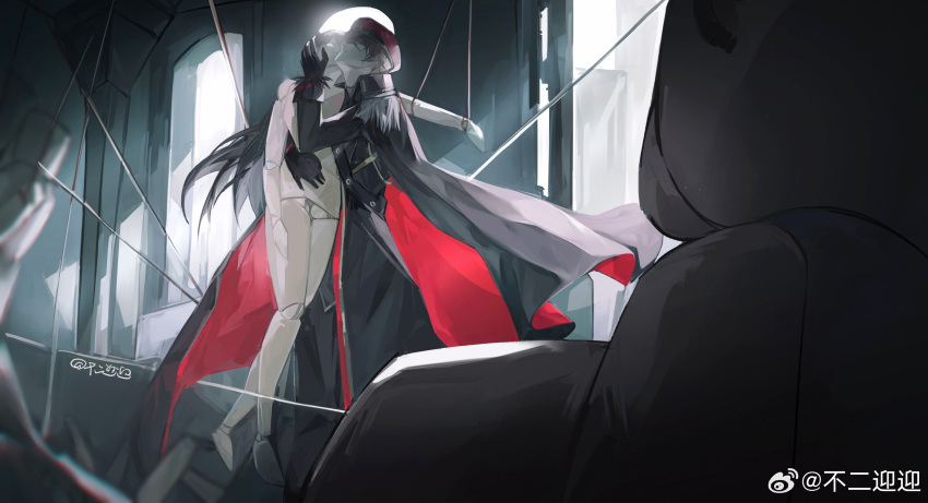 1boy, absurdres, arched_window, ayn_alwyn, ayn_alwyn_(infinite_empire), black_coat, black_gloves, black_hair