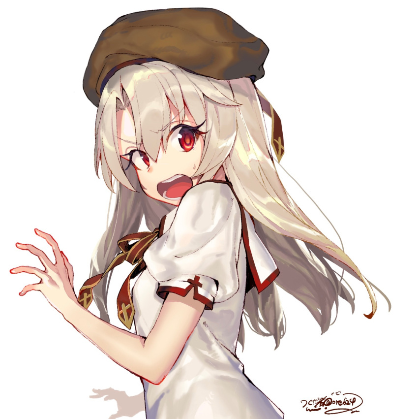 1girl, brown_hat, commentary_request, fate/kaleid_liner_prisma_illya, fate_(series), grey_hair, hair_between_eyes, hat