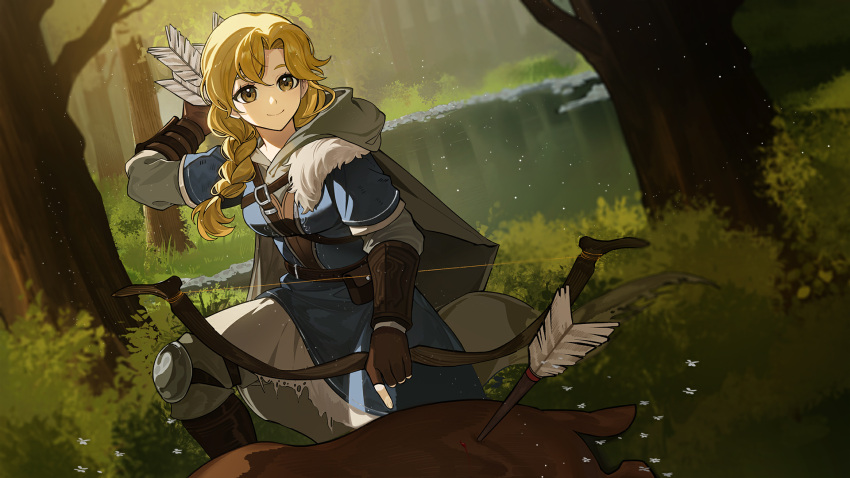 1girl, blonde_hair, bow_(weapon), braid, brown_eyes, cape, curtained_hair, dutch_angle