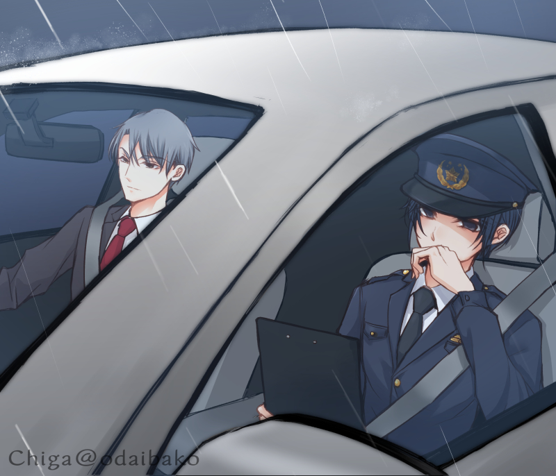 2boys, blue_eyes, blue_hair, blue_jacket, car, car_interior, car_seat, chi119