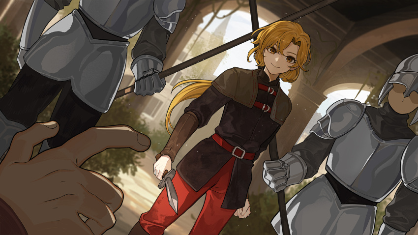 1girl, 3others, blonde_hair, brown_eyes, dagger, dutch_angle, highres, holding