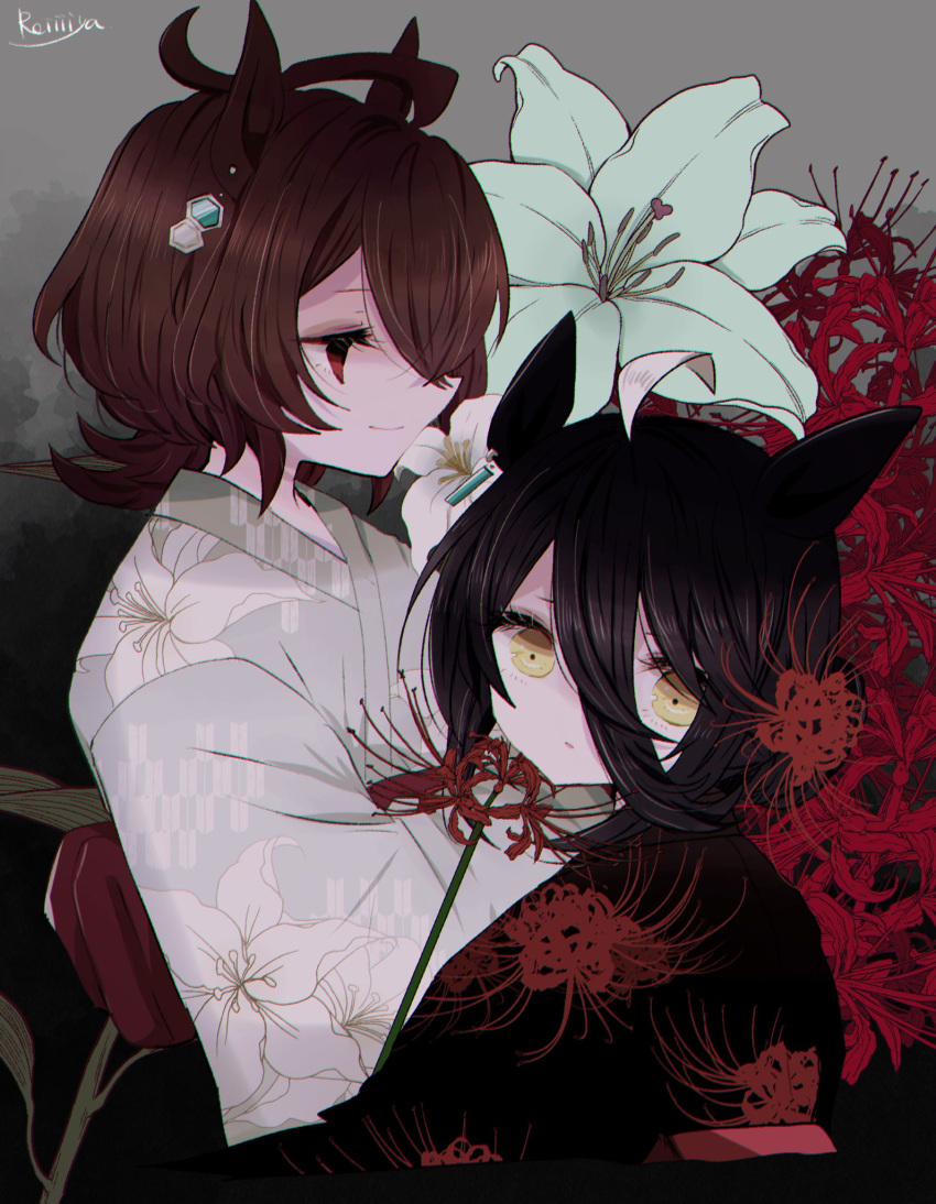 2girls, agnes_tachyon_(umamusume), animal_ears, black_hair, black_kimono, brown_hair, earrings, floral_print
