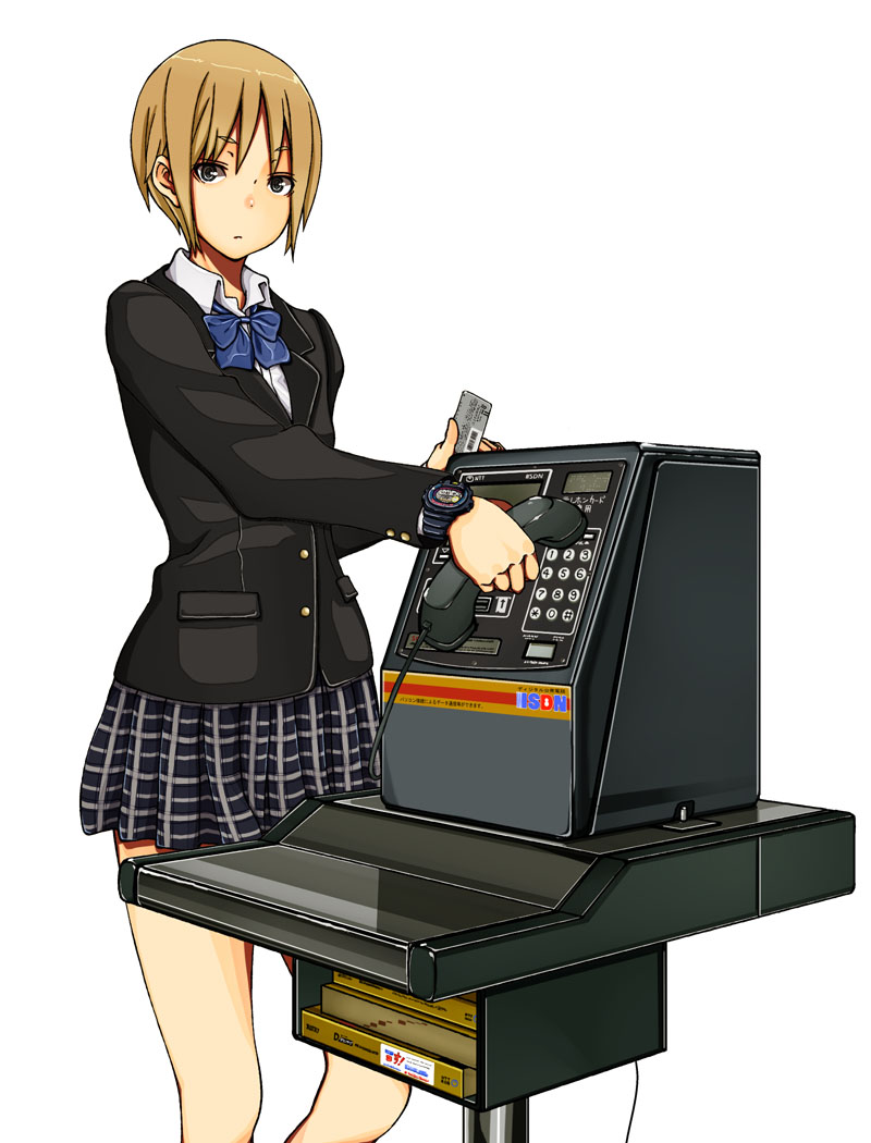 blazer, blonde_hair, book, bow, joy_(joy-max), looking_at_viewer, original, phone