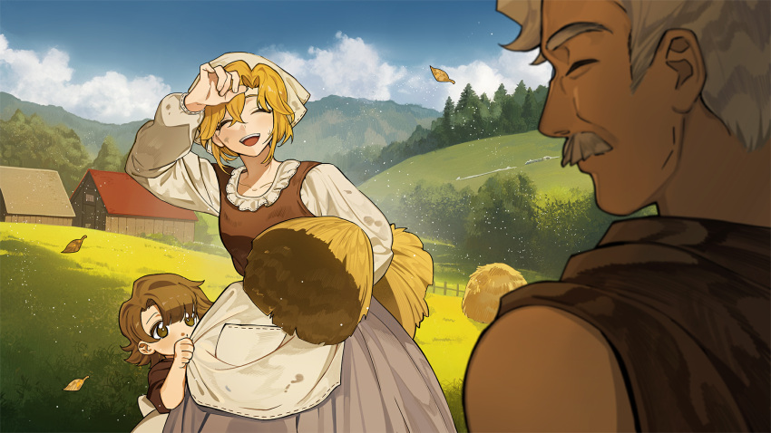 1boy, 2girls, arm_up, blonde_hair, blunt_bangs, brown_eyes, brown_hair, child