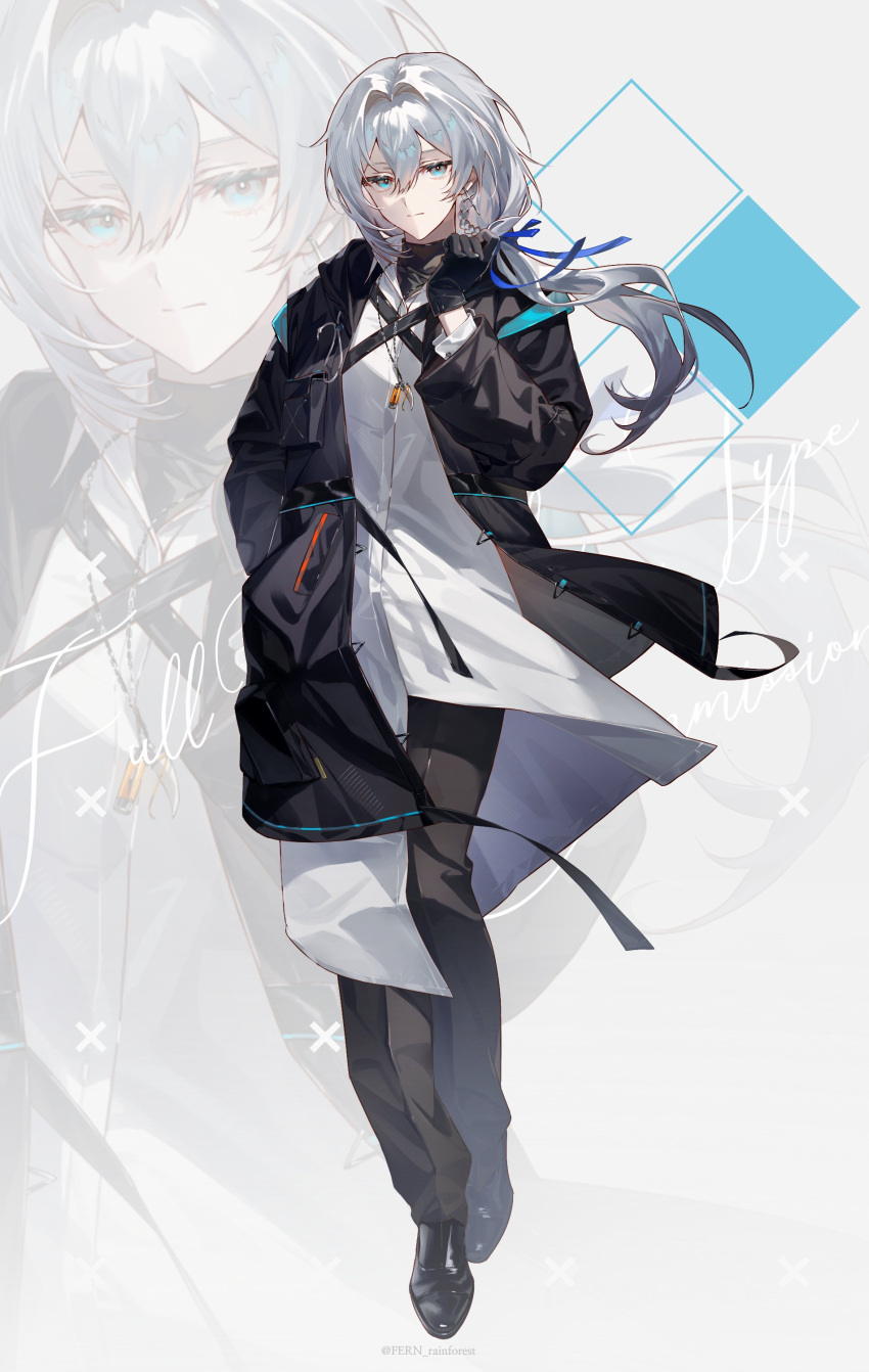 1other, absurdres, ambiguous_gender, androgynous, arknights, black_gloves, black_jacket, black_pants, black_shirt, black_shoes, blue_eyes, blue_ribbon, coat, commission, doctor_(arknights), fern_(bhbtr), full_body, gloves, grey_hair, hair_intakes, hair_ribbon, highres, jacket, jewelry, long_hair, looking_at_viewer, low-tied_long_hair, necklace, open_clothes, open_jacket, pants, ribbon, shirt, shoes, white_coat, zoom_layer