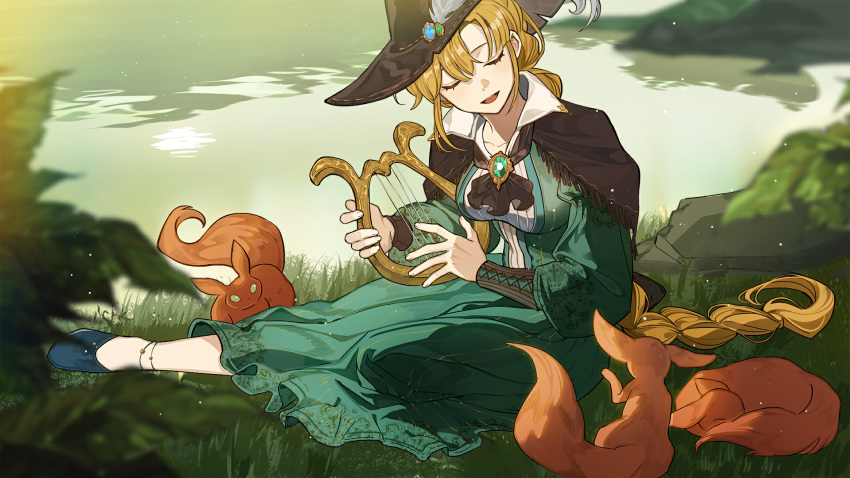 1girl, animal, blonde_hair, closed_eyes, dress, green_dress, harp, highres