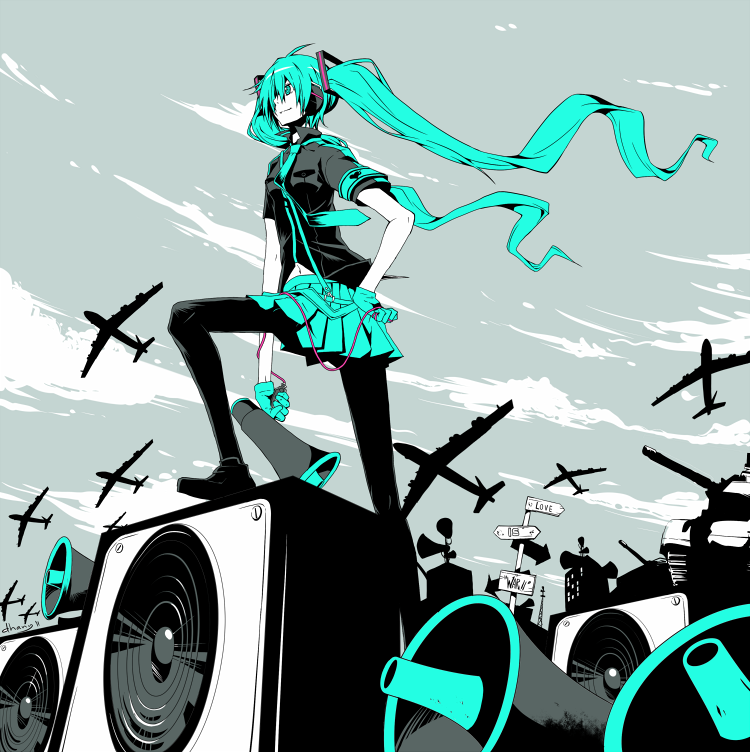 airplane, aqua_eyes, aqua_hair, bad_id, danzero, english, gloves, hand_on_hip, hatsune_miku, headphones, hips, koi_wa_sensou_(vocaloid), long_hair, megaphone, megaphones, necktie, pantyhose, skirt, solo, speaker, twintails, very_long_hair, vocaloid