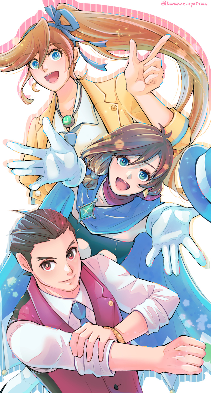 1boy, 2girls, :d, absurdres, ace_attorney, antenna_hair, apollo_justice, athena_cykes