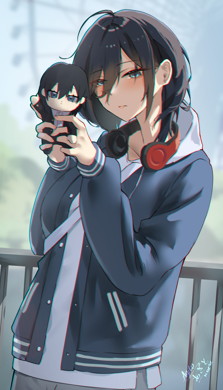 1girl, absurdres, agito_(agitoishere), black_hair, blue_eyes, blue_jacket, blurry, blurry_background